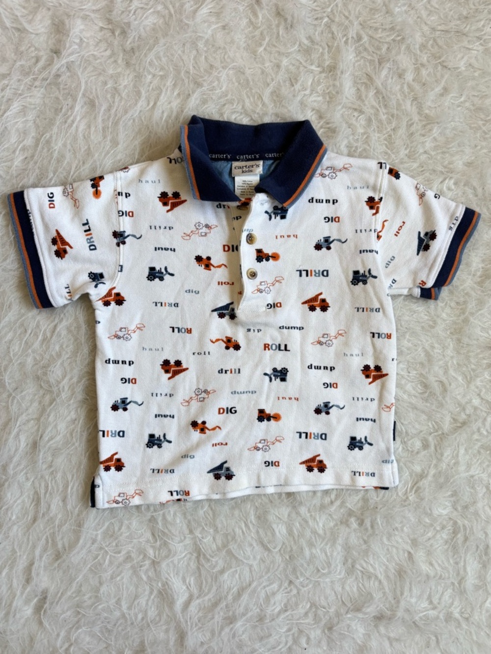 Carter's Vintage Boy’s White Polo Tee with Navy Collar & Truck AOP